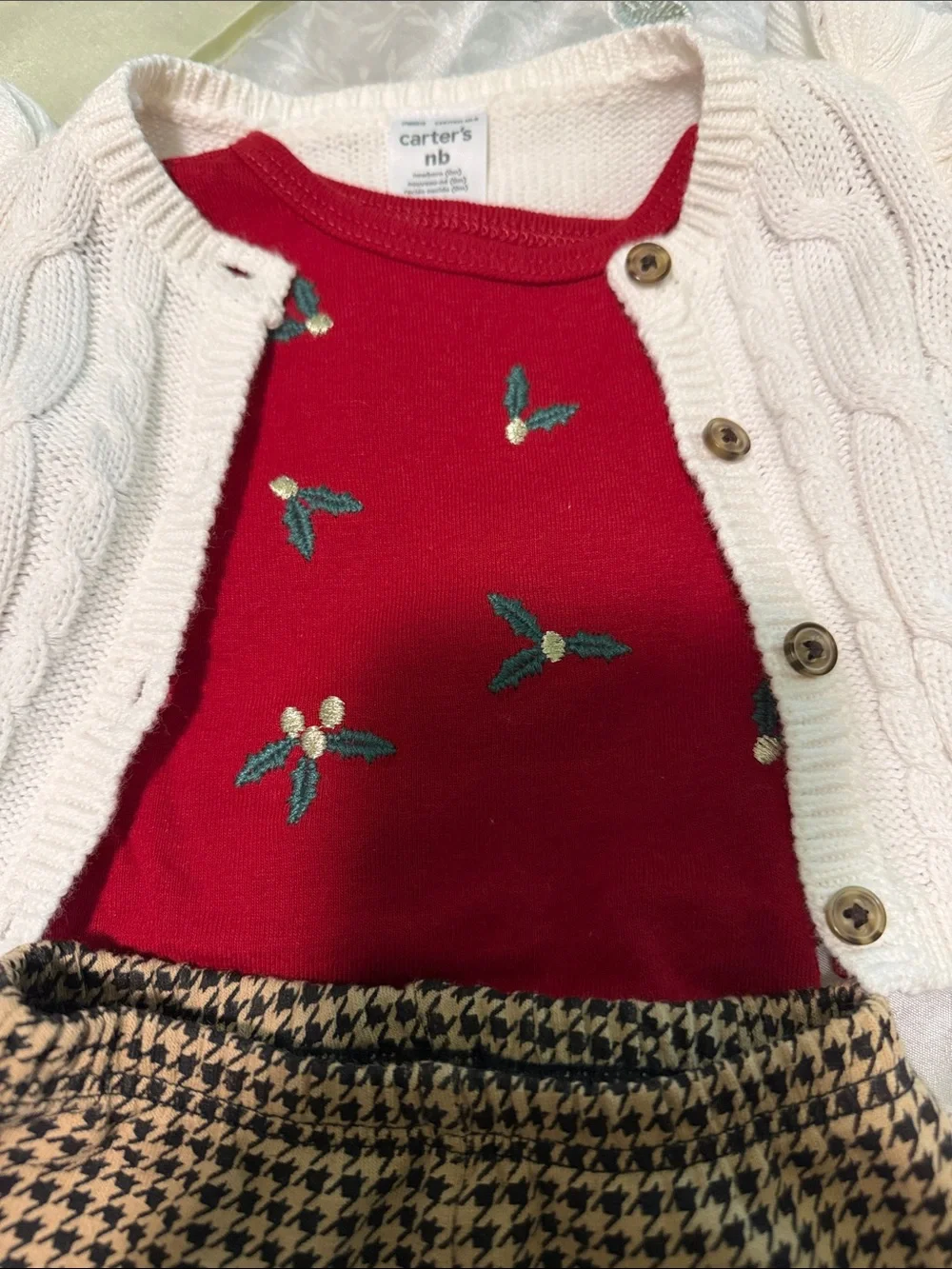 Carter's Red Holly Embroidered Top with Cream Cardigan and Tan/Black Leggings